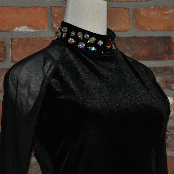 SixO Black Velvet Figure Skating Dance Competition Dress Sheer Sleeves L - Picture 1 of 11